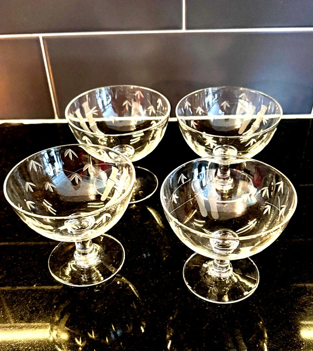 Set Of 4 Noritake Sasaki Etched Bamboo Crystal Low Sherbert Glasses 3-1/4